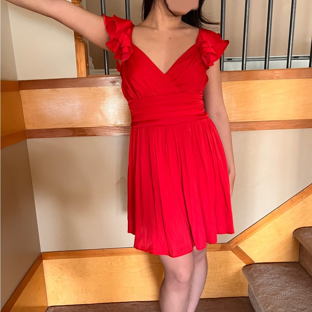 Red Mini Ruffle Satin Dress - Picture 3 of 8